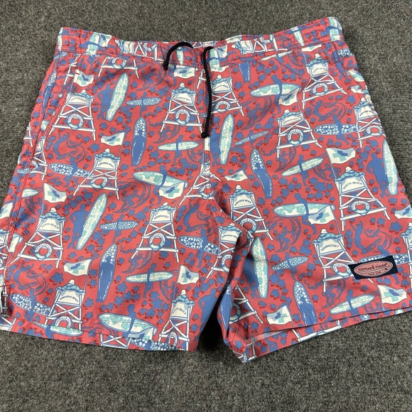 Vineyard Vines Mens SouthBeach Shorts Swimsuit 36X6 Red Blue Surfer Beach Pocket - Picture 1 of 8